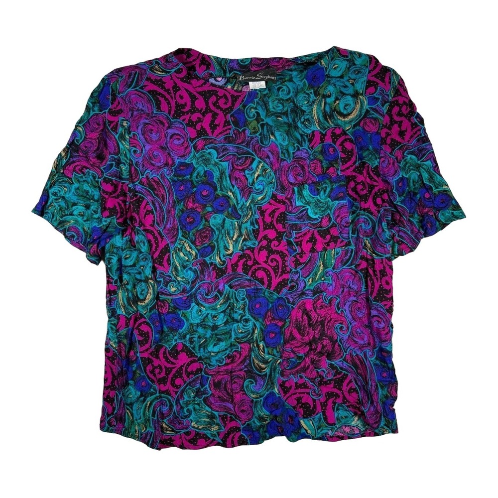 Barrie Stephens Vintage 80s 90s Bold Floral Print Short‎ Sleeve Blouse Top Large